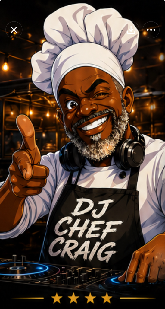 DJ Hip Hop Chef caricature illustration, shown behind turntables